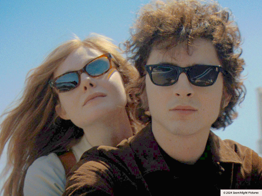 Timothee Chalamet wears sunglasses. Elle Fanning sits behind him, also wearing sunglasses.